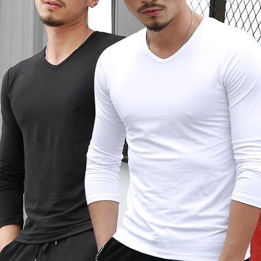 Men's Solid color V-neck Long-Sleeve Premium Casual T-Shirt