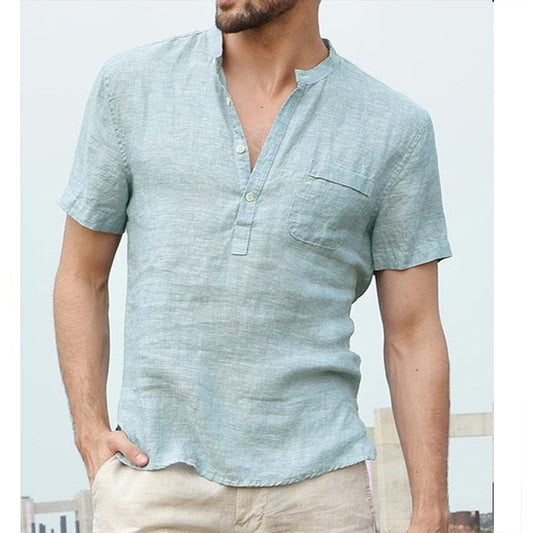2021 summer new linen short-sleeved men's T-shirt stand-up collar buttoned half-fronted simple short-sleeved shirt