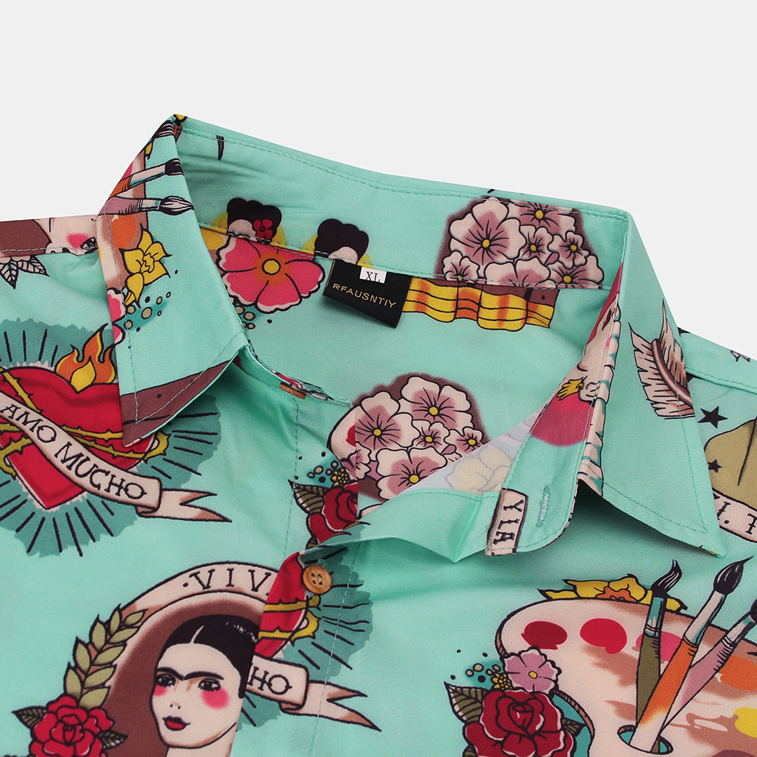 2021 spring and summer new character print lapel button plus pocket short-sleeved men's shirt