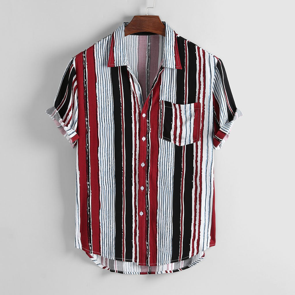 2021 new men's striped short-sleeved printed short-sleeved shirt