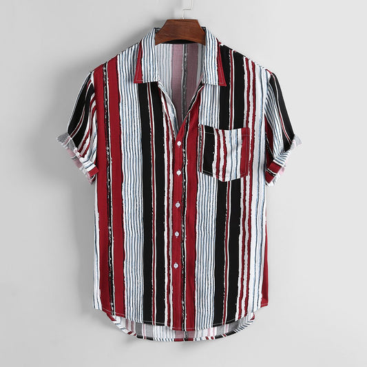 2021 new men's striped short-sleeved printed short-sleeved shirt