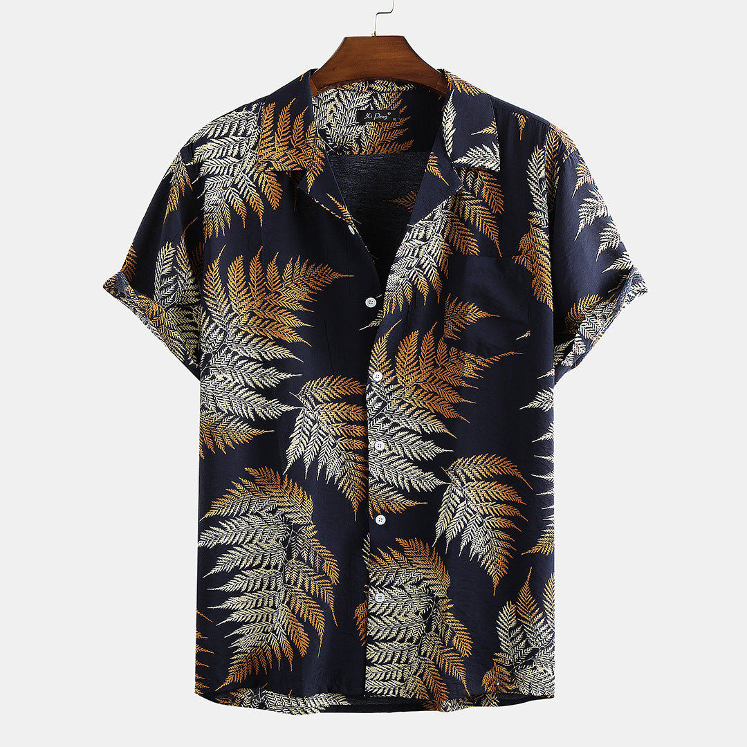 2021 spring and summer new leaf print lapel button plus pocket short-sleeved men's shirt