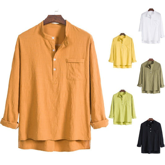 Men's solid color cotton, linen and linen long-sleeved shirt