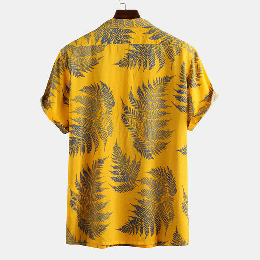 2021 spring and summer new leaf print lapel button plus pocket short-sleeved men's shirt