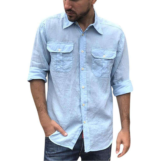 2021 Men's Linen Long Sleeve Shirt Double Pocket Tooling Lapel Men's Shirt