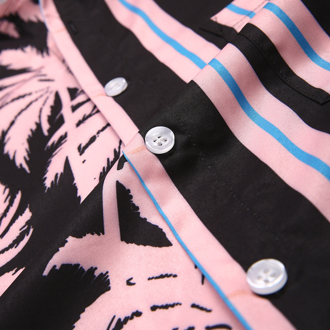 Men's coconut print stripe stitching casual holiday zigzag hem shirt