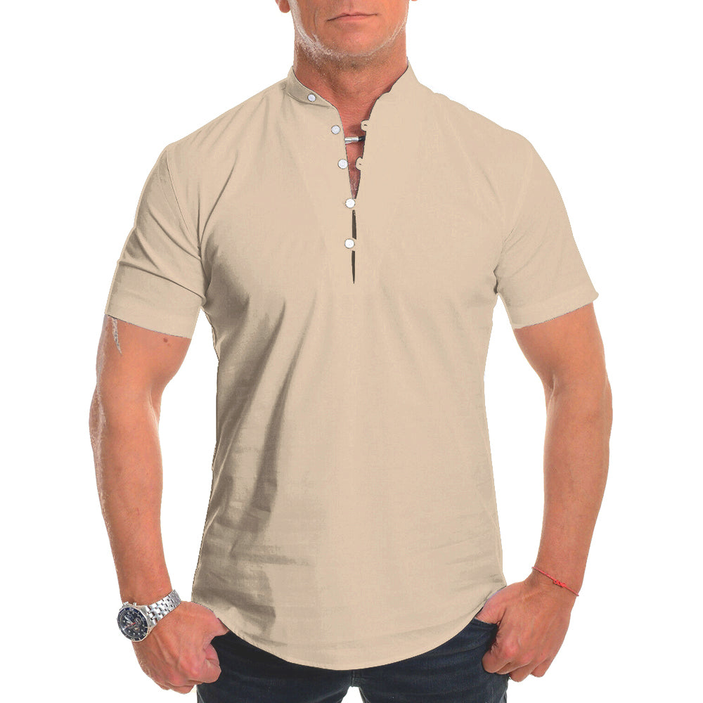 Men's Stand Collar Plain Button Summer Loose Shirt