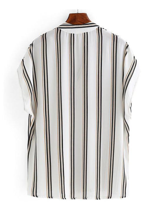 Men Striped Short Sleeves Stand Collar Shirt