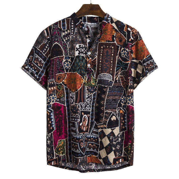 Men's ethnic style linen stand collar printed short-sleeved shirt