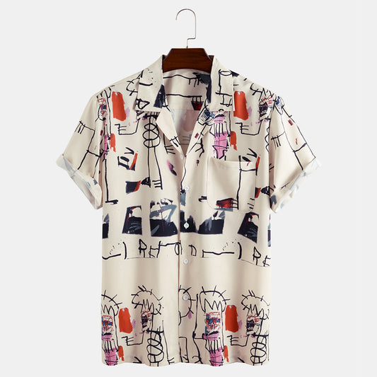 2021 new short-sleeved men's shirt, fun graffiti printing casual men's shirt