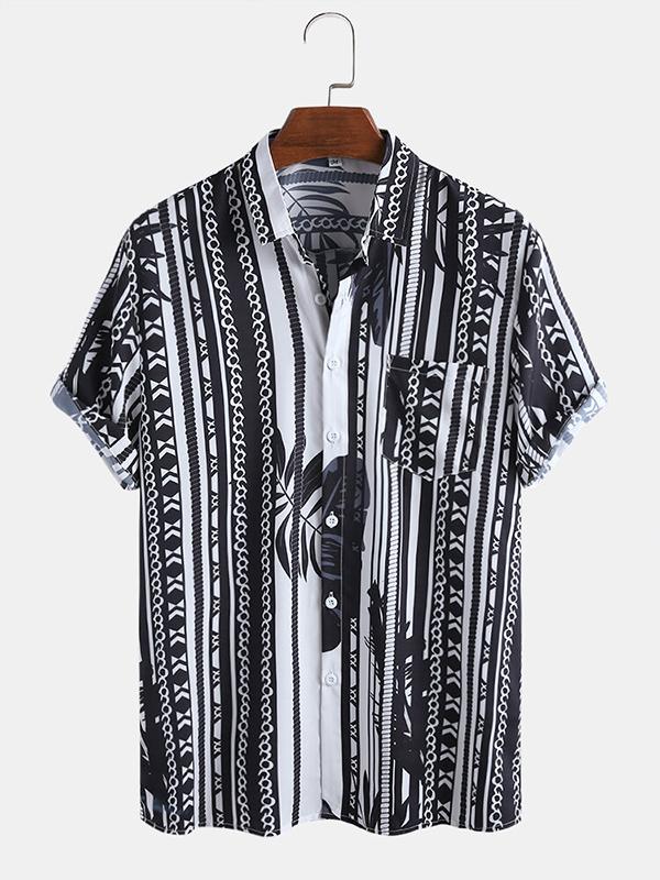 Mens Stripe Print Pocket Short Sleeve Shirts
