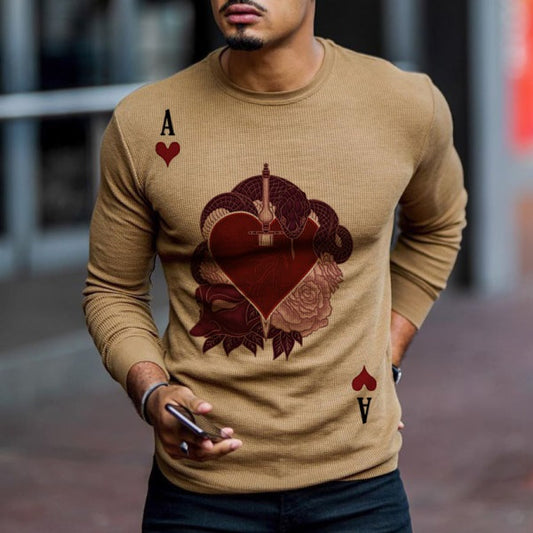 Mens Brown Printed Knit Long Sleeve T-Shirt