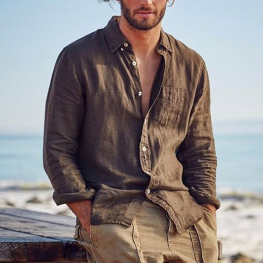 Men's solid color cotton and linen shirts Casual fashion retro long-sleeved shirts Linen shirts
