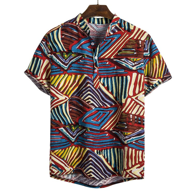 Men's ethnic style linen stand collar printed short-sleeved shirt