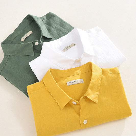 Pure color linen shirt youth loose square collar pocket linen shirt