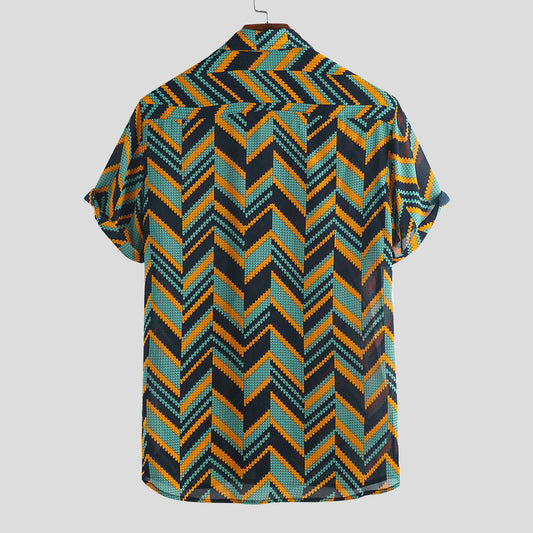 2021 new men's beach seaside wave striped men's short-sleeved shirt
