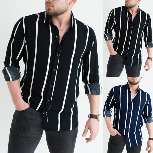 Men's Blouse Thick Stripe Business Long Sleeve Shirt Fashion