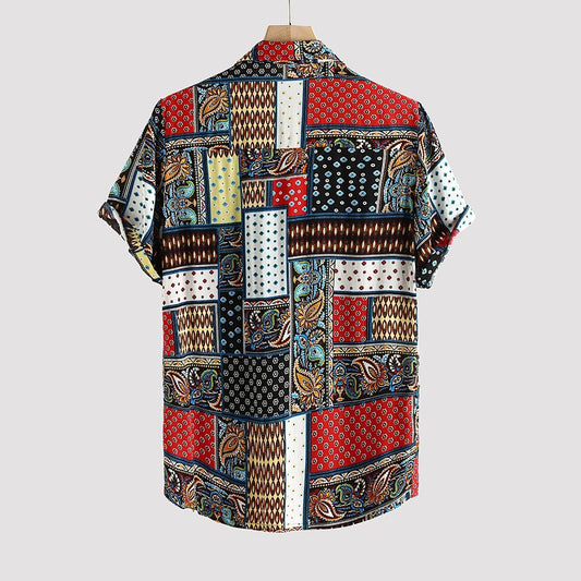 Men's linen printed short-sleeved shirt