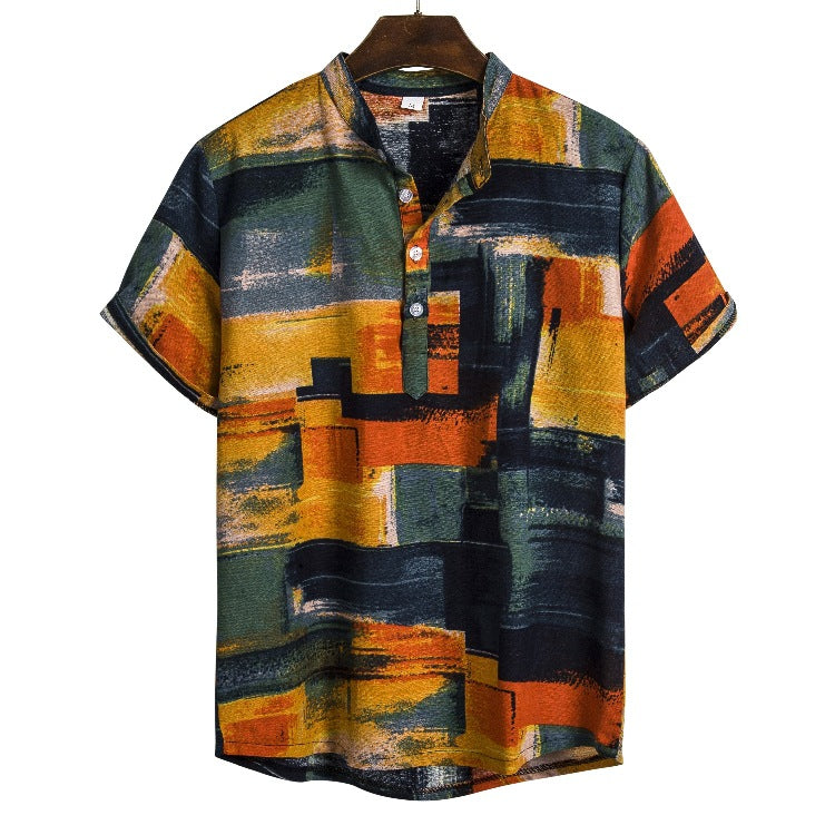 Men's ethnic style linen stand collar printed short-sleeved shirt