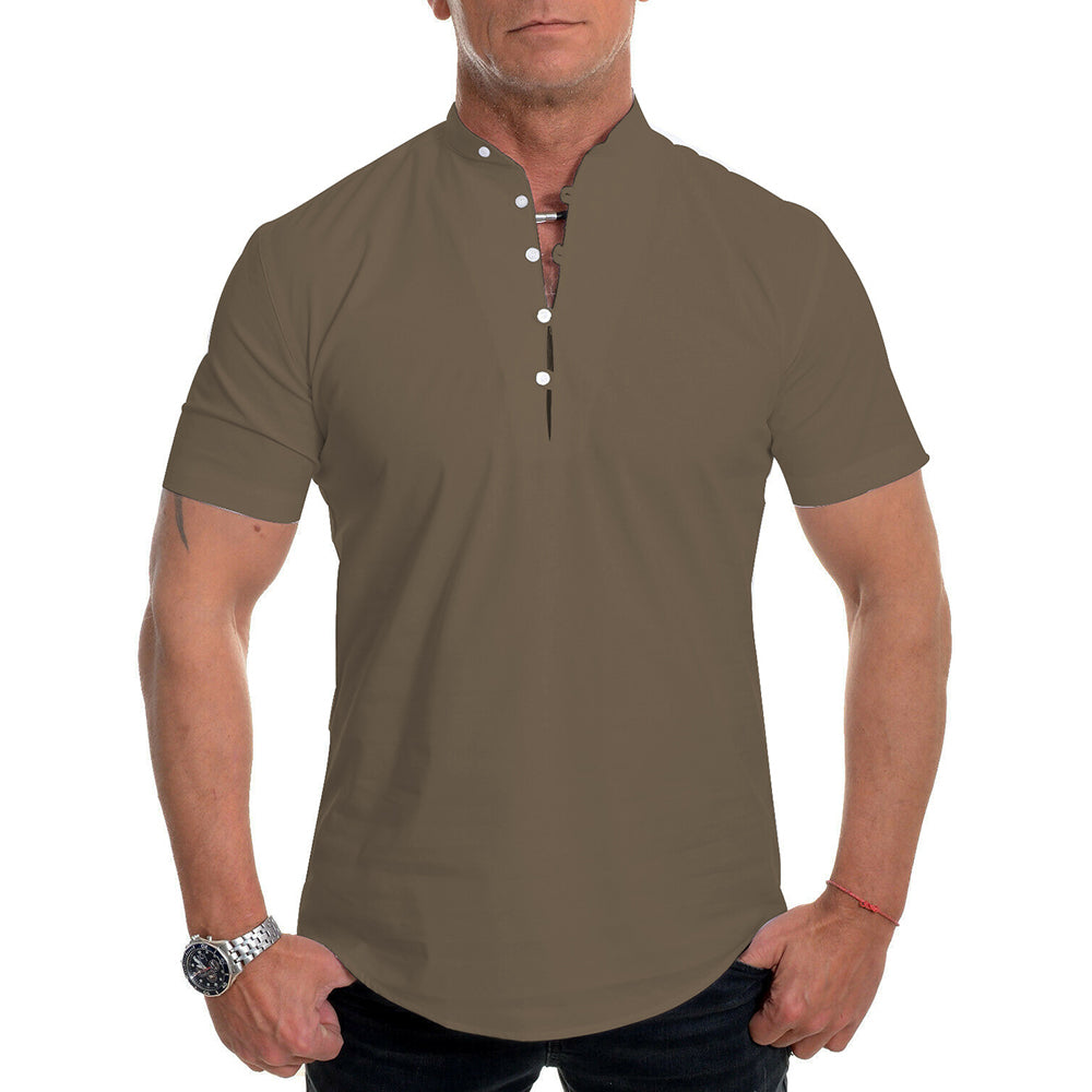 Men's Stand Collar Plain Button Summer Loose Shirt
