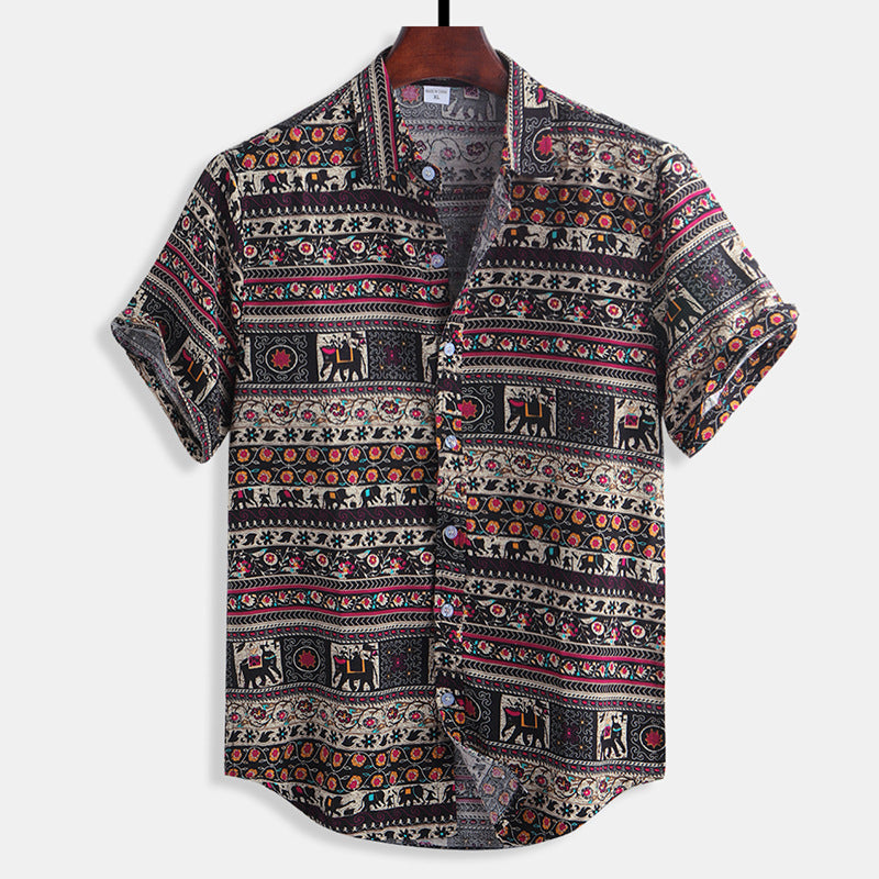 2021 summer new men's casual slim printed linen short-sleeved shirt men