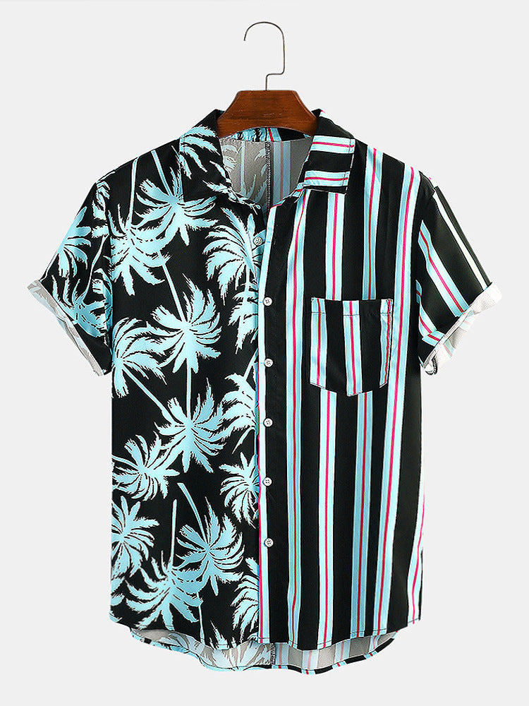 Men's coconut print stripe stitching casual holiday zigzag hem shirt