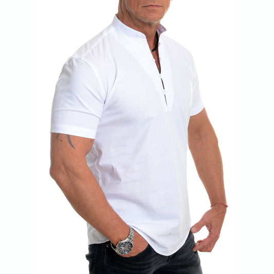 Men's Stand Collar Plain Button Summer Loose Shirt