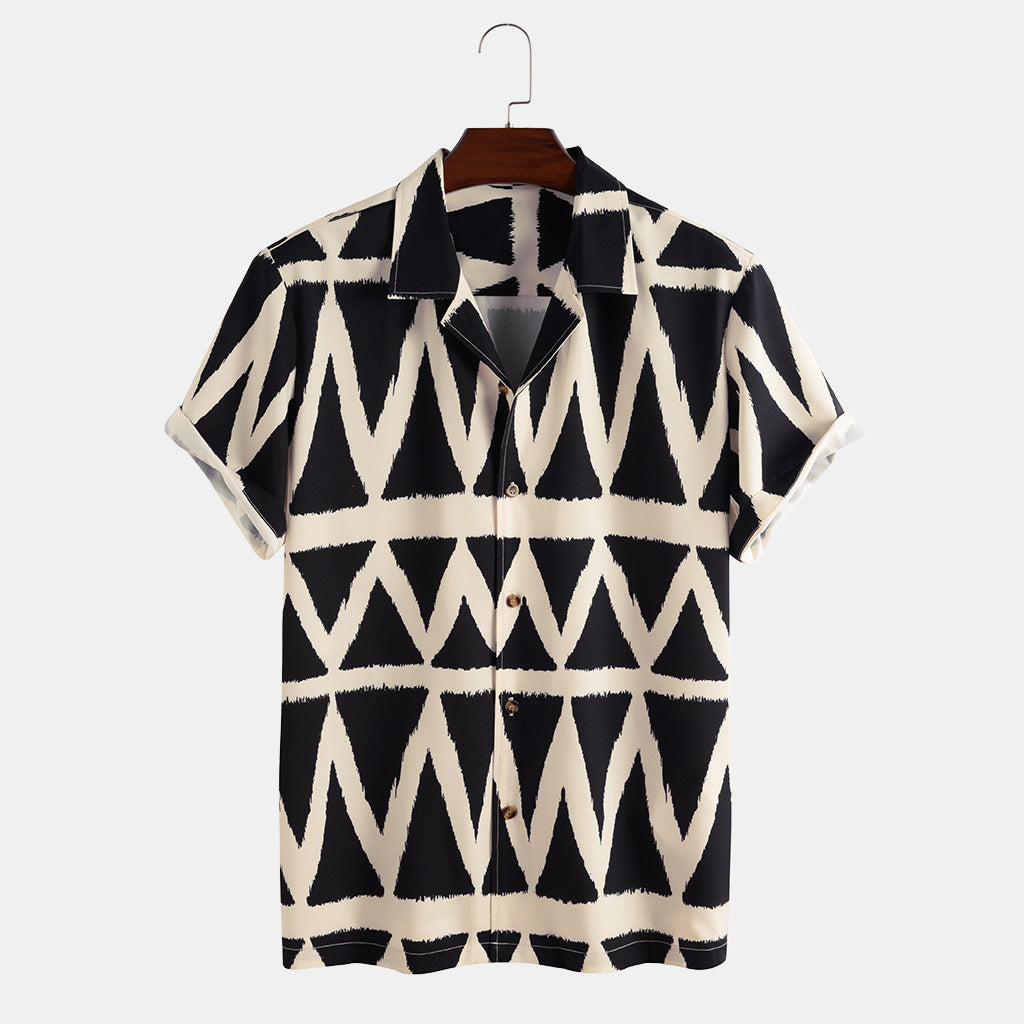 2021 new short-sleeved men's diamond square printing casual men's shirt