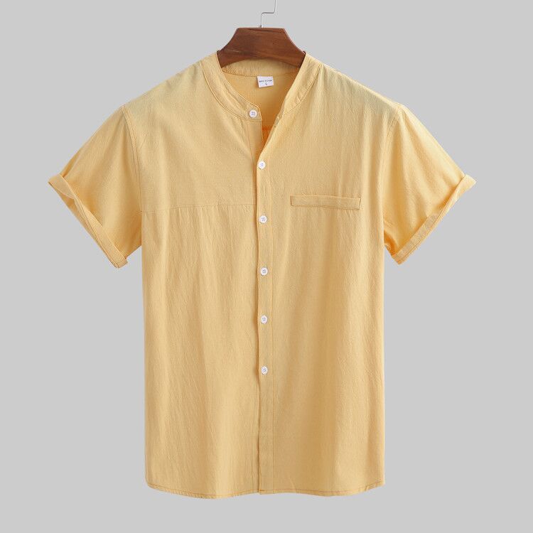 Men's cotton and linen stand-collar short-sleeved shirt
