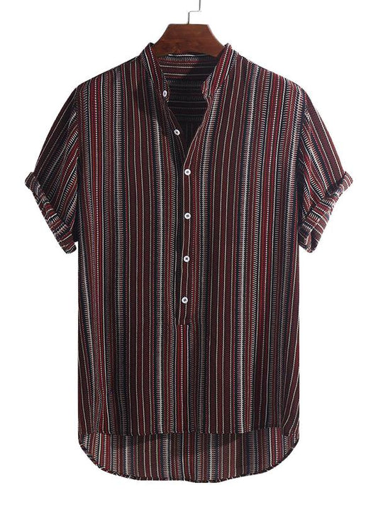 Men Short Sleeves Striped Stand Collar Shirt