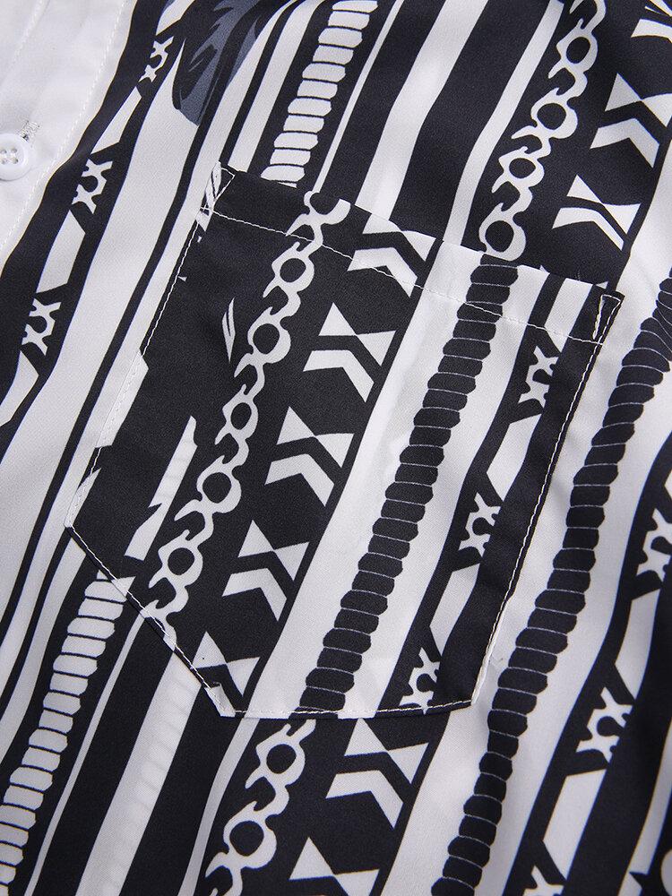 Mens Stripe Print Pocket Short Sleeve Shirts