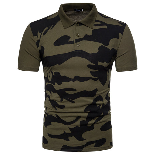 Men's  Large SizeColor Camouflage Printing Stitching Slim Fit Business Casual Lapel Collar Polo Shirts Golf Shirt