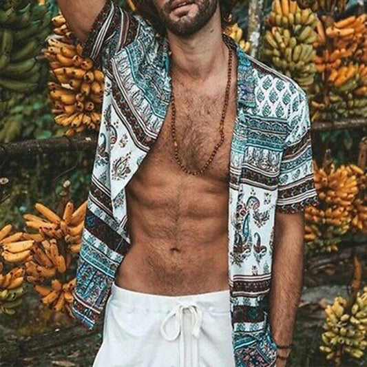Men's new bohemian style striped shirt loose casual long-sleeved shirt