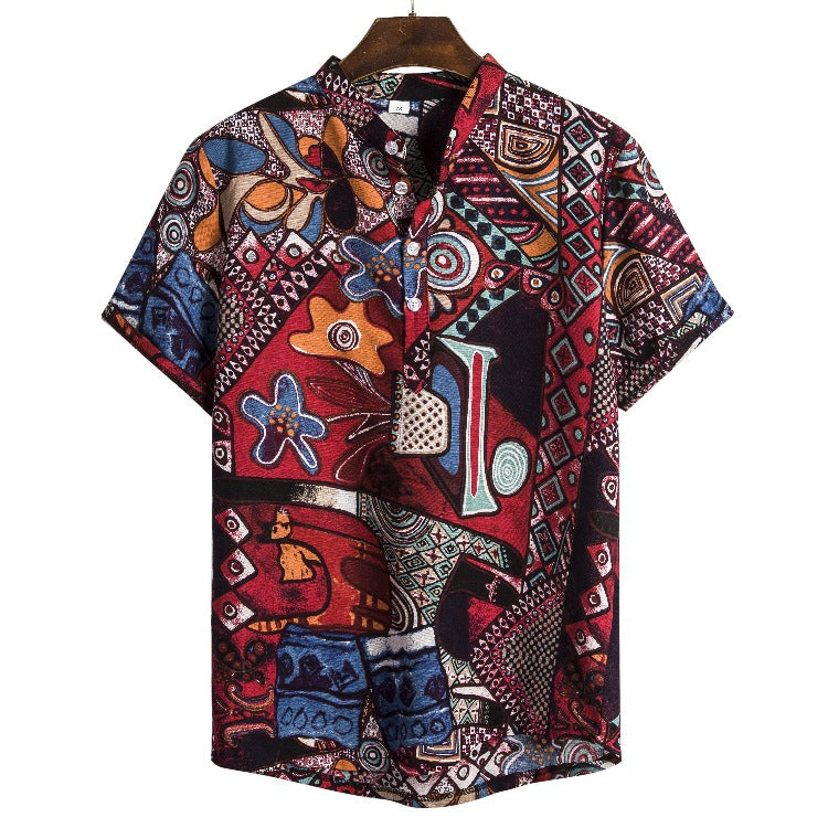 Men's ethnic style linen stand collar printed short-sleeved shirt