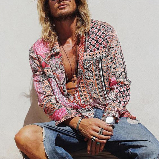 Men's new bohemian style shirt casual style long-sleeved shirt