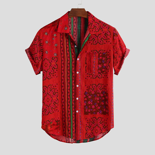 2021 new men's printed short-sleeved holiday style seaside shirt men's large size loose beach shirt