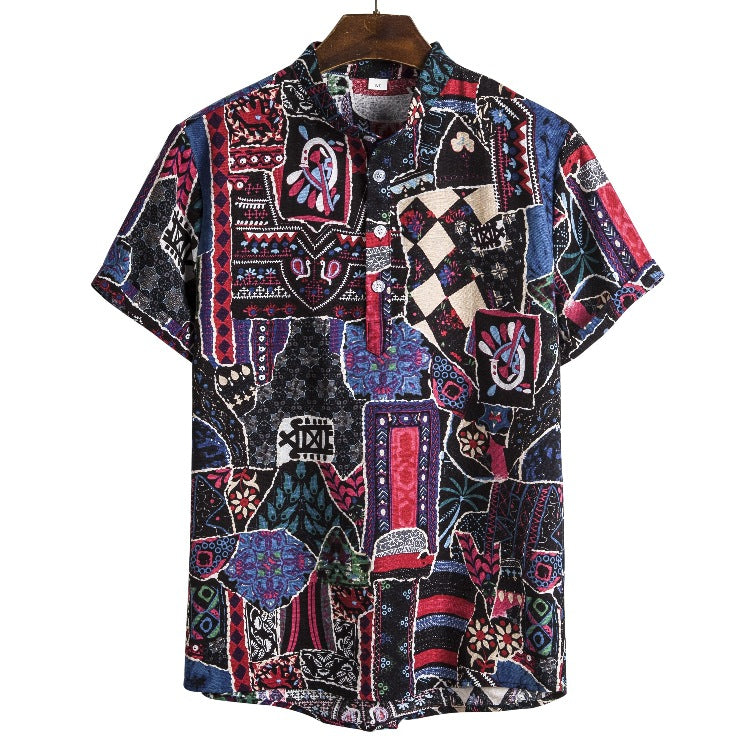 Men's ethnic style linen stand collar printed short-sleeved shirt