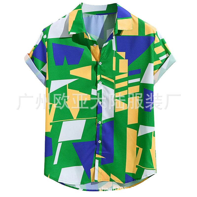 2021 men's printed short-sleeved holiday style seaside shirt men's plus size loose beach shirt