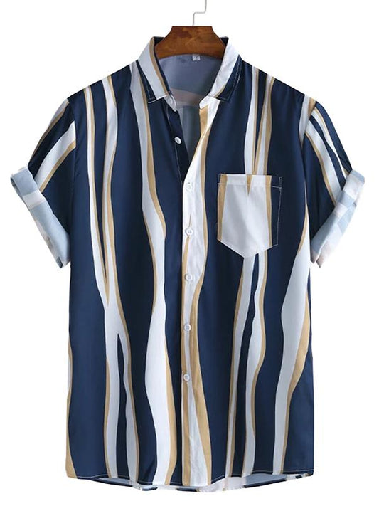Men Short Sleeves Lapel Striped Pocket Shirt