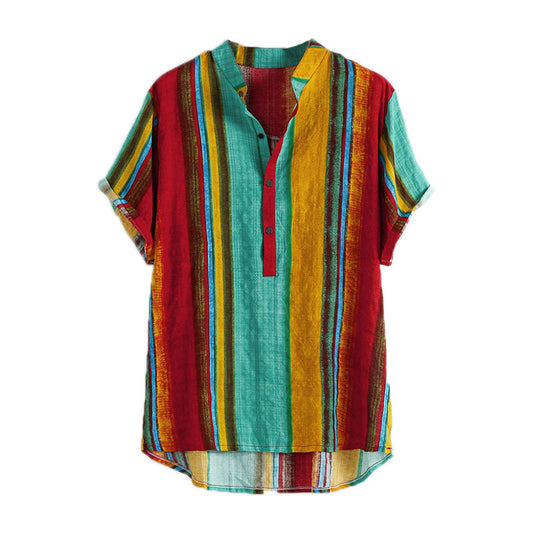 Men's stand-up collar cotton and linen printed short-sleeved shirt top