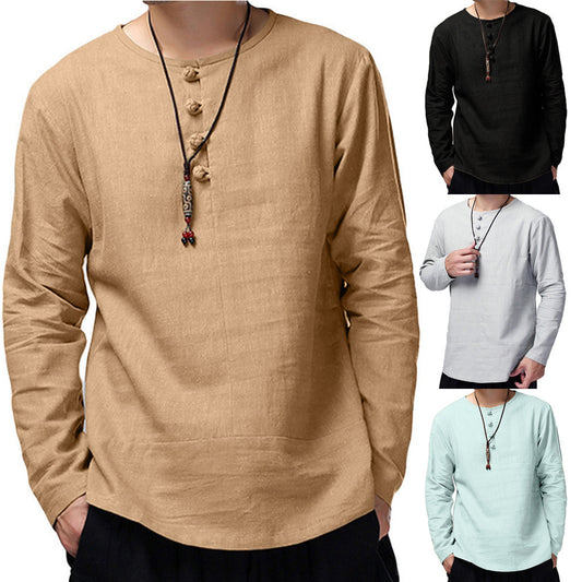 Men's casual cotton and linen long-sleeved T-shirt