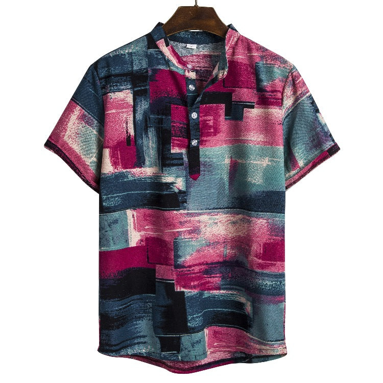 Men's ethnic style linen stand collar printed short-sleeved shirt