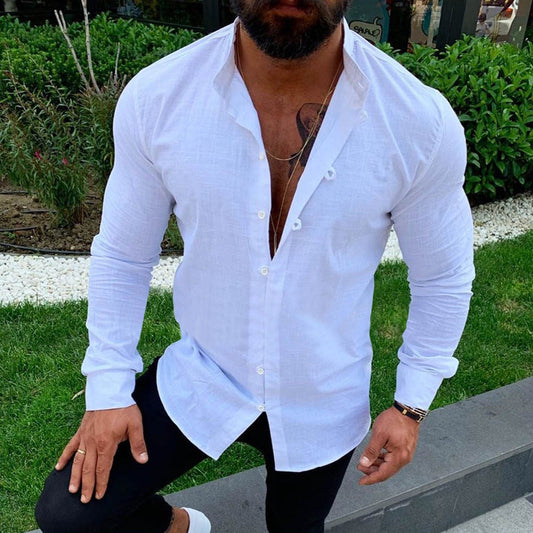 Men's casual cotton and linen round neck long sleeve shirt