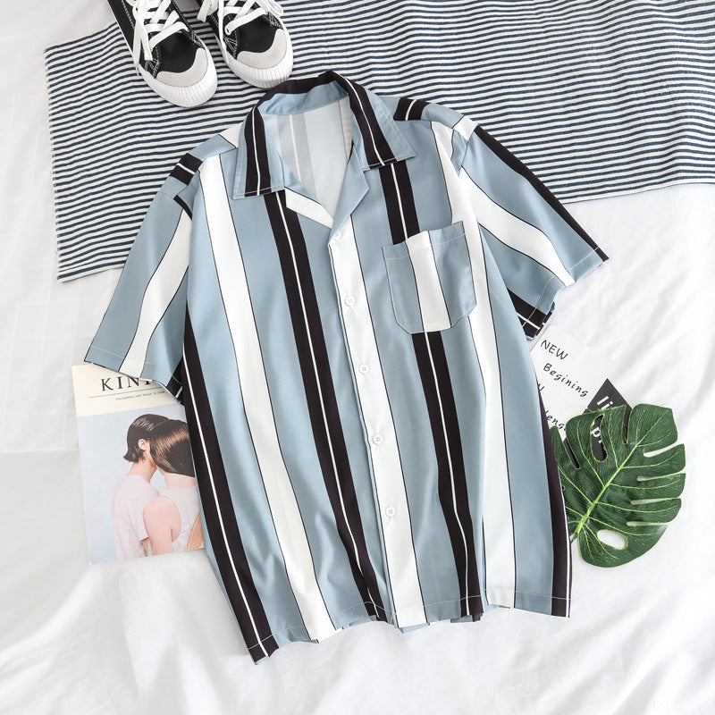 Men's Hawaiian Striped Shirt Short Sleeve Button Shirt Top