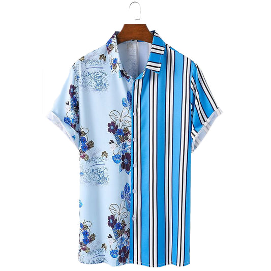 Contrasting color stitching striped shirt casual fashion retro short-sleeved shirt men