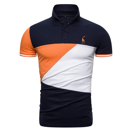 Men's Summer Color Patchwork EmbroiderySlim Fit Business Casual Lapel Collar Polo Shirts Golf Shirt