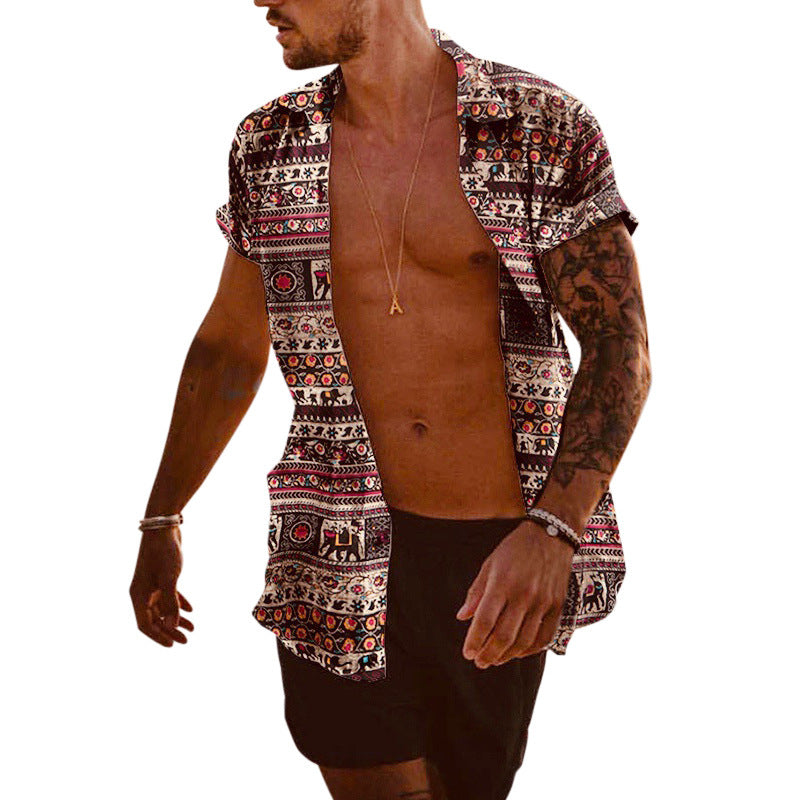 2021 summer new men's casual slim printed linen short-sleeved shirt men