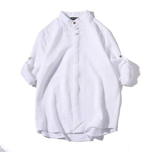 Men's disc button retro solid color cotton and linen shirt