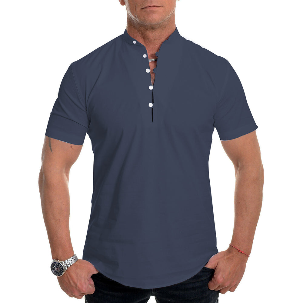 Men's Stand Collar Plain Button Summer Loose Shirt