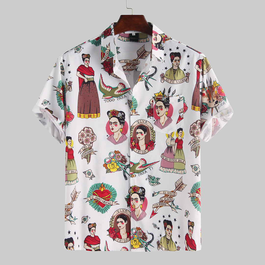 2021 spring and summer new character print lapel button plus pocket short-sleeved men's shirt